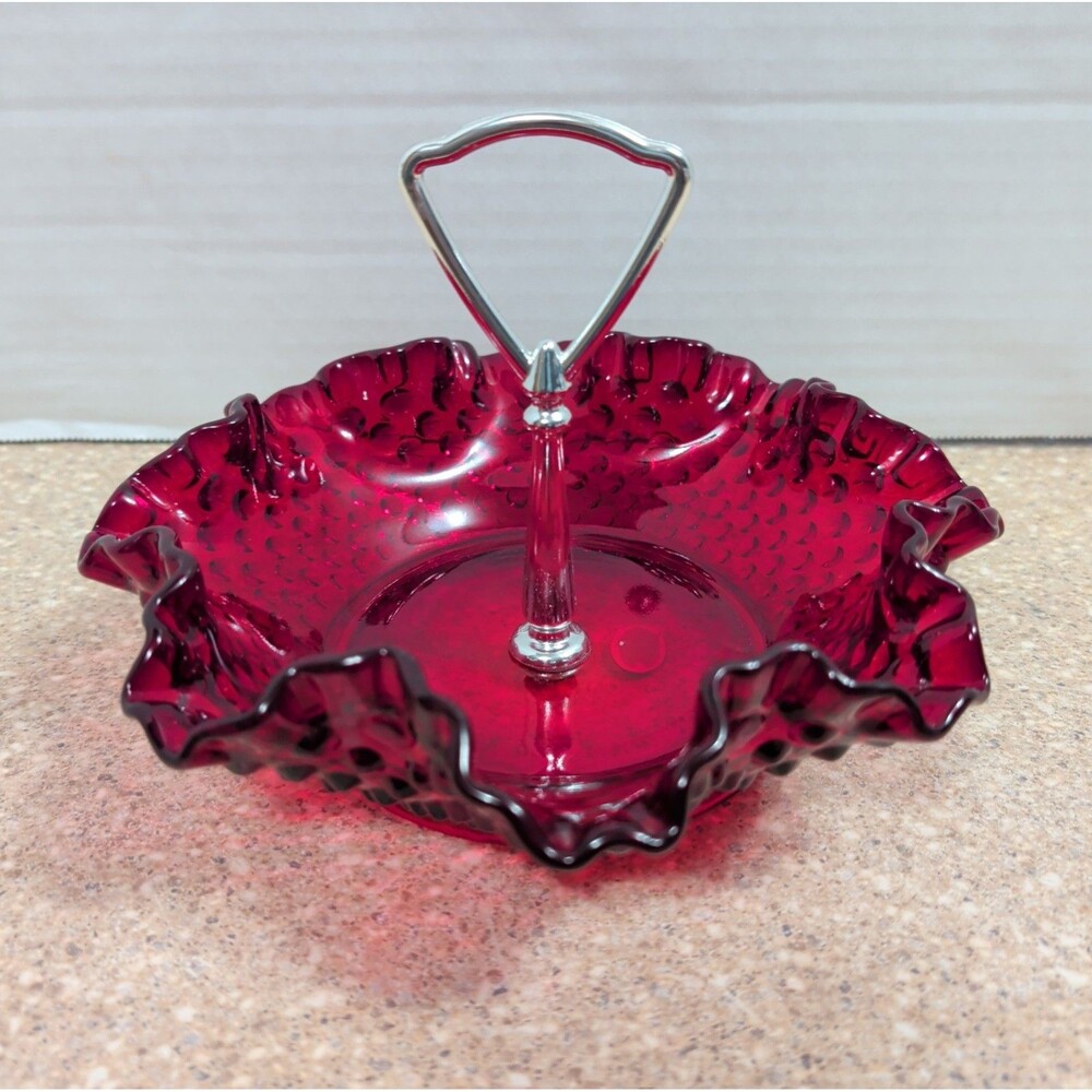 Vintage Fenton Hobnail Ruby Red Center Handle Candy Dish • Ruffled Rim
